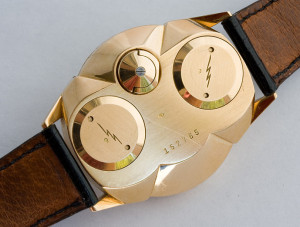 LIP Electronic; Cal. R27; Solid Rose Gold; Opens Through Crystal; 38mm diameter; 1958