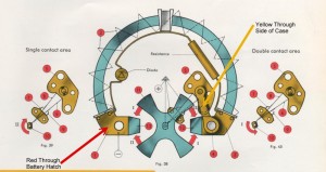 Circuit diagram for the Landeron 4750 movement showing where the two wires connect.